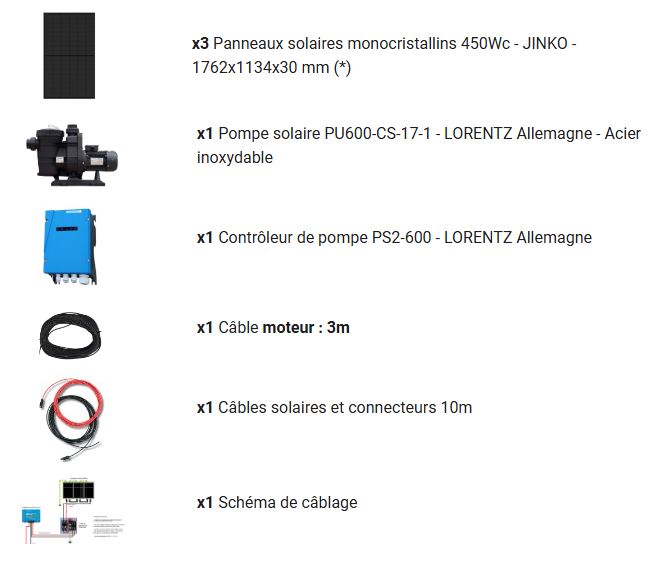 La composition détaillée de ce kit panneau solaire complet pour les piscines.